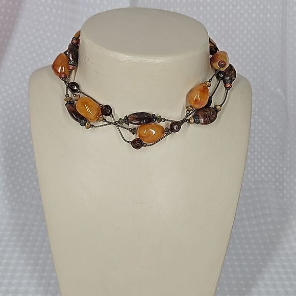 Faux Stone & Bead 3-Strand Layered Choker Necklace - Brown & Amber - Picture 4 of 9
